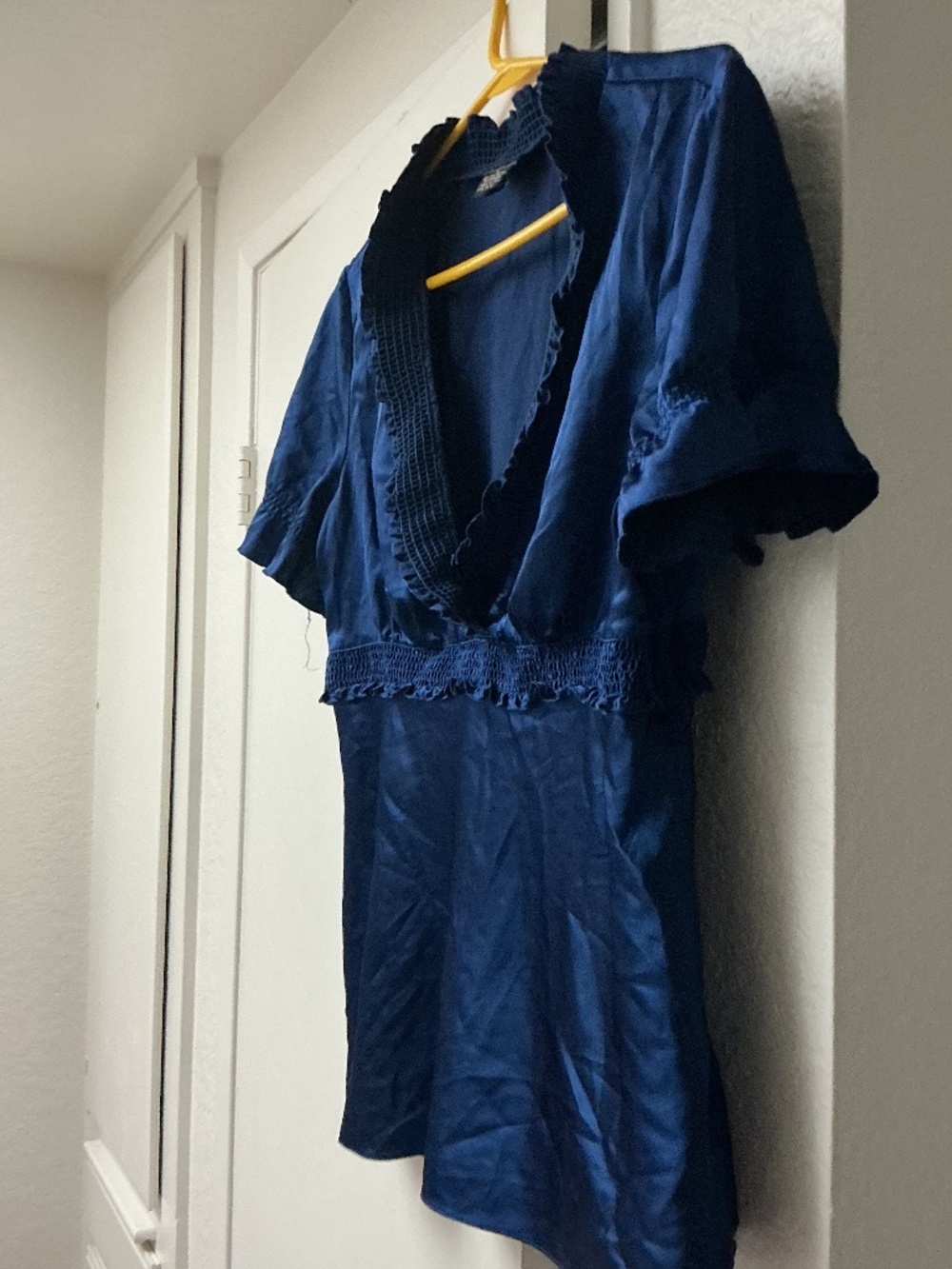 Y2K satin midnight blue vintage blouse with ruffles and empire waist. Size M
